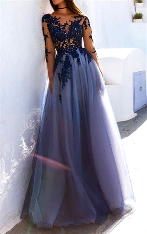 Macloth Illusion Long Sleeves Lace Tulle Prom Dress Navy Formal Evenin
