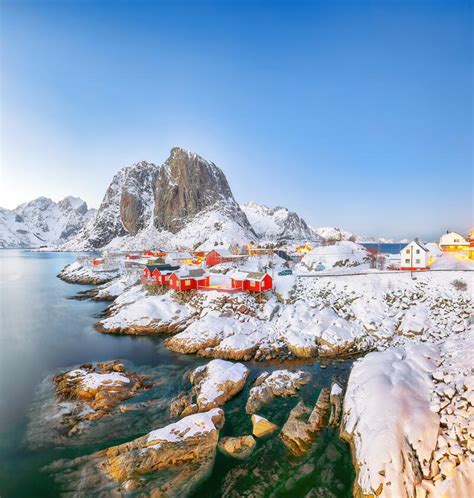 Outstanding Sunset Winter View On Hamnoy Village And Festhaeltinden