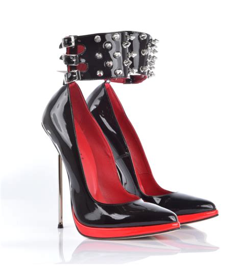 high extreme spike pumps in red and black patent italian high heels by sanctum shoes