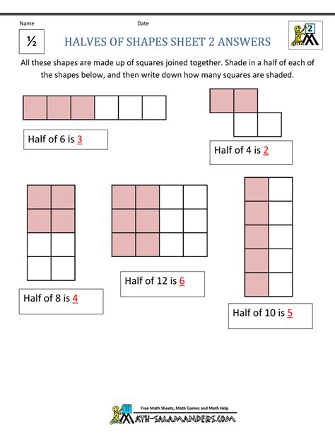 Halves Of Shapes Sheet 2 Answers Math Worksheets Math Fractions