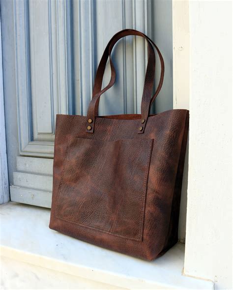 Tote Bag Dark Brown Distressed Leather Tote Tote Bag With Etsy