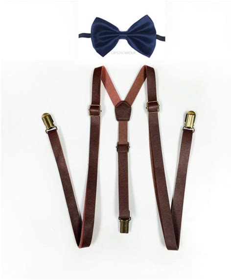 Brown Leather Suspenders Bowtie Set Navy Blue Bowtie Brown Etsy New