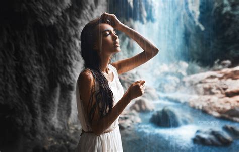 wallpaper water drops squirt brunette waterfall jet sundress photographer ivan gorokhov