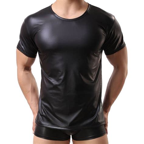 Fashion Mens Black Leather Like Sexy Short Sleeve T Shirt Undershirt In