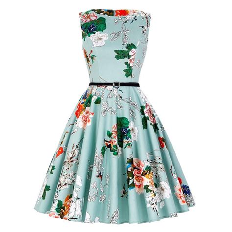 2018 vintage dress floral print 1950s style elegant party dress belt sashes summer dress
