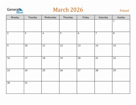 Free March 2026 Poland Calendar