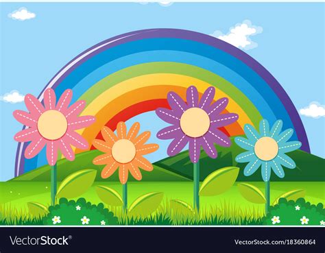Rainbow And Flowers In Garden Royalty Free Vector Image