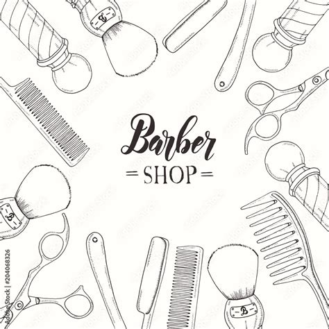 Hand Drawn Barber Shop Background With Doodle Razor Scissors Shaving