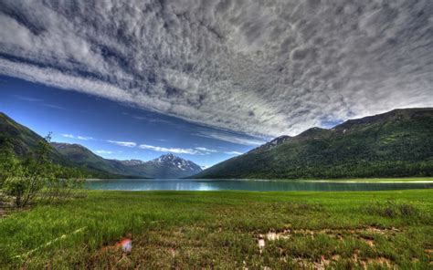 Meadow With Green Grass Mountains Blue Sky With White Clouds Eklutna
