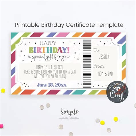 Editable Birthday T Voucher Printable Bday Certificate Template