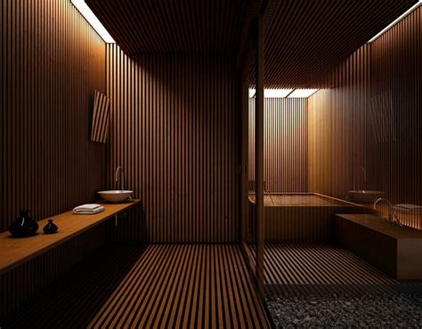 A Bathroom With Wooden Walls And Flooring Next To A Bathtub In The Corner