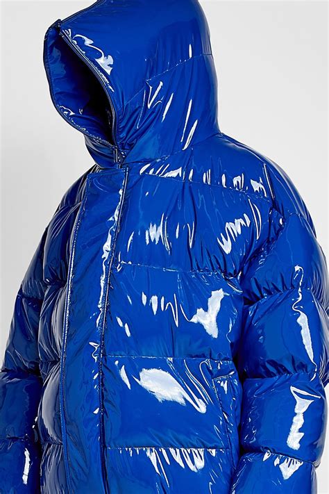 Glossy Blue Pvc Puffa Jacket Regenkleding Kleding