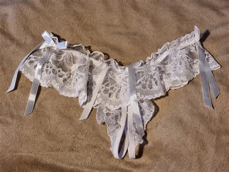 white lace frilly open crotch thong plus mini print ivy tenebrae