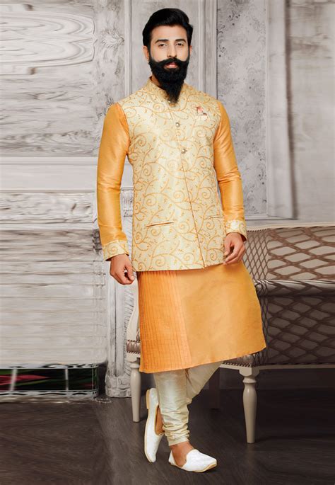 yellow art silk readymade kurta pajama with jacket 175270 mens kurta designs sherwani for men