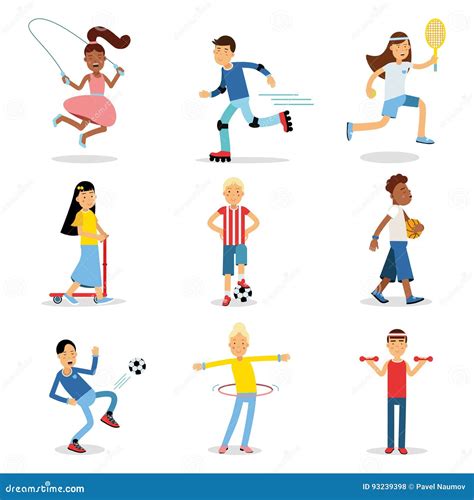 Teenagers Doing Different Sport Set Children Physical Activity Vector