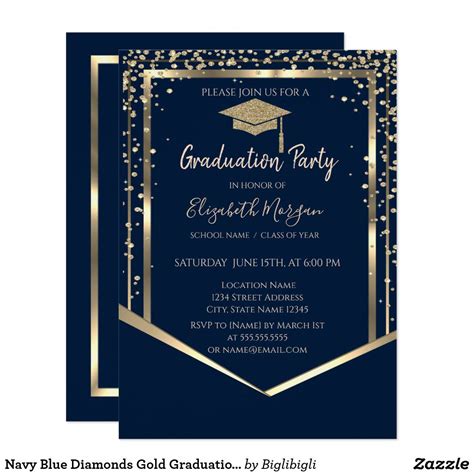 Navy Blue Diamonds Gold Graduation Cap Graduation Invitation Zazzle
