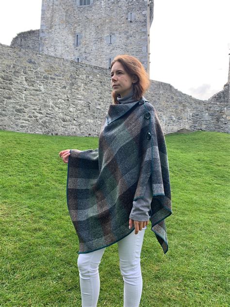 irish donegal tweed wool poncho cape shawl and skirt green teal brown beige block check 100