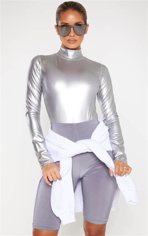 Silver Metallic High Neck Long Sleeve Bodysuit Prettylittlething