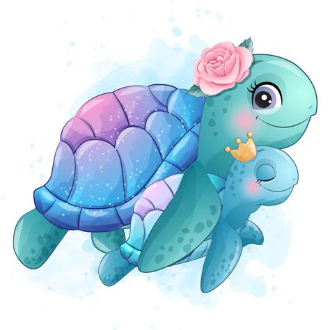linda pequeña tortuga marina madre y bebé ilustración 2063809 Vector en