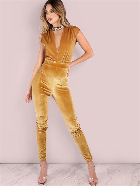 Shop Velvet Plunge Jumpsuit Gold Online Shein Offers Velvet Plunge