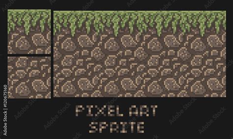 Vector Pixel Art Texture Of Stone Dirt Land With Grass Platformer