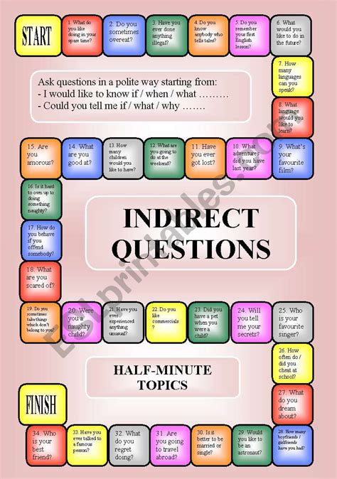 Indirect questions - a boardgame (key, editable, B/W) - ESL worksheet
