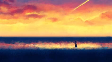 Wallpaper Sunlight Sunset Anime Girls Reflection Artwork Sunrise