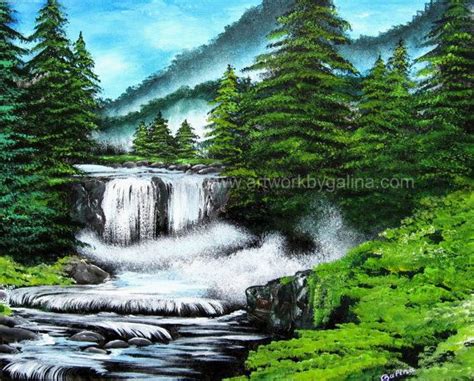 Pine Trees By The Waterfall Original Abstract Acrylic Etsy