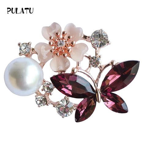 Pulatu Elegant Flower And Butterfly Brooches For Women Alloy Rhinestone Pearl Brooch Pins For