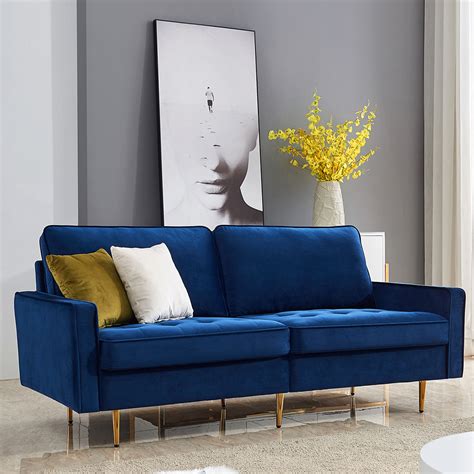 Blue Upholstered Couch Mid Century Modern Fabric Sofa For