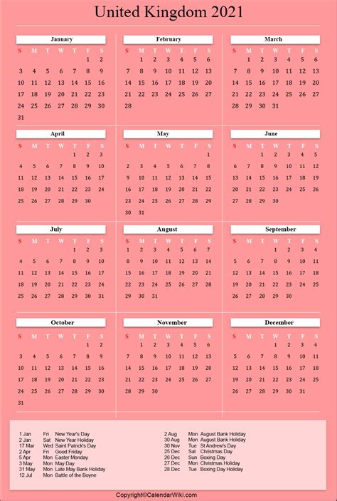 Printable Uk Calendar 2021 With Holidays Public Holidays