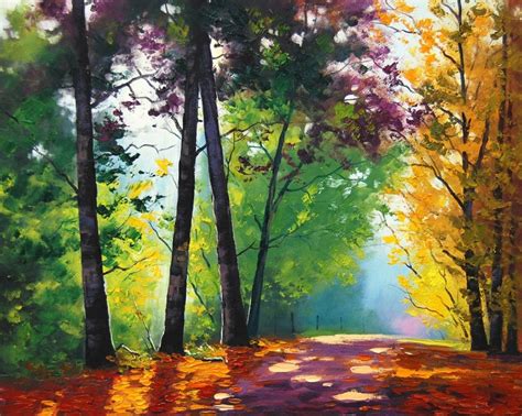 Dappled Light Autumn Forest Painting Path Full Hd Impressionist