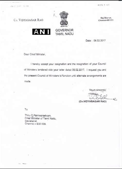 tamil nadu governor accepts panneerselvams resignation