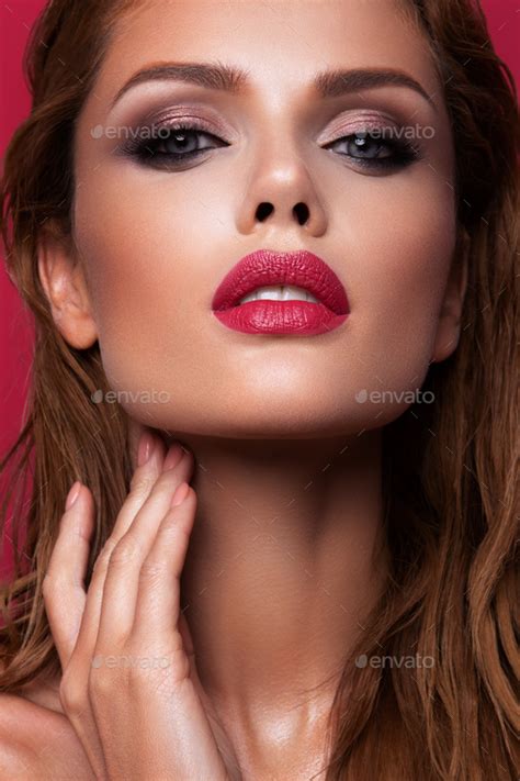 Portrait Of Beautiful Girl With Pink Lips Stock Photo By Korabkova