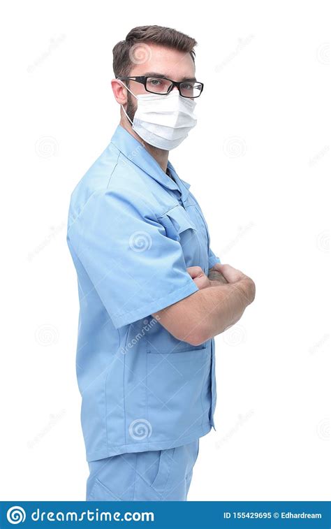 Confident Male Doctor In Surgical Mask Isolated On White Stock Image