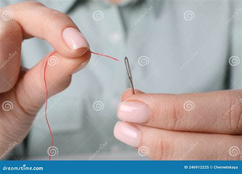 Woman Threading Needle Closeup View Sewing Equipment Stock Image
