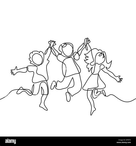 Happy Jumping Children Holding Hands Continuous Line Drawing Vector
