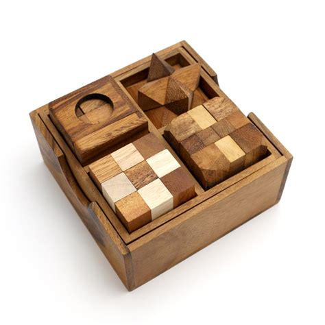 4 Wooden Brain Teaser Puzzle T Set Unique Puzzles Wood