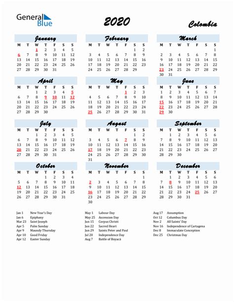 2020 Colombia Calendar With Holidays