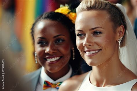 Freedom Of Marriage Happy Interracial Lesbian Couple On The Lgbt Same Sex Wedding Ceremony