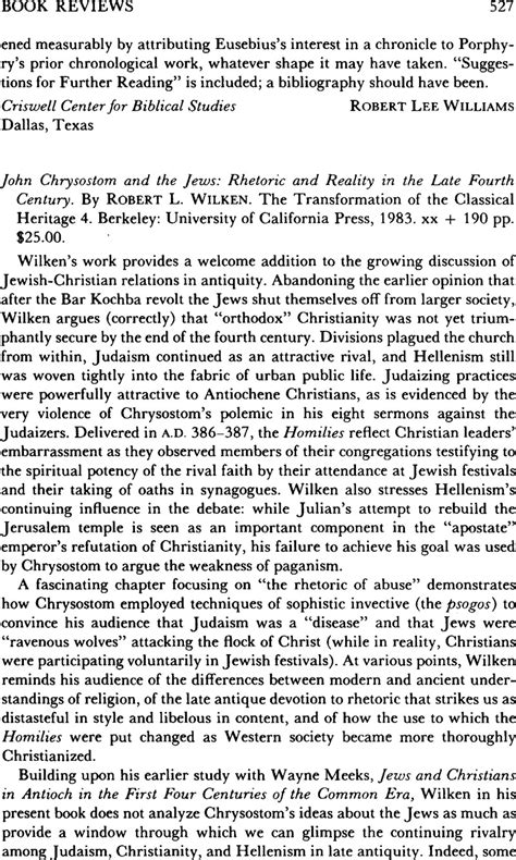 John Chrysostom And The Jews Rhetoric And Reality In The Late Fourth