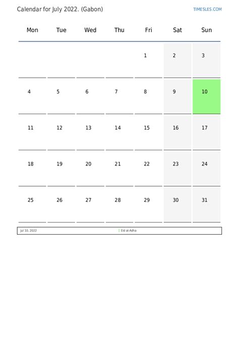 July 2022 Calendar With Holidays In Gabon Print And Download Calendar