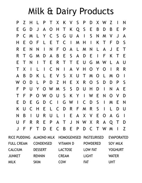 Milk And Dairy Products Word Search Wordmint