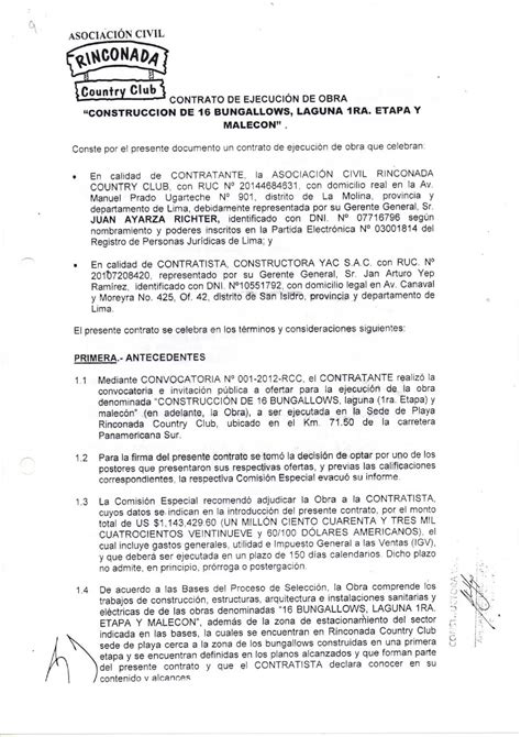 Contrato De Ejecucion De Obra Construccion De 16 Bungallows Laguna 1ra