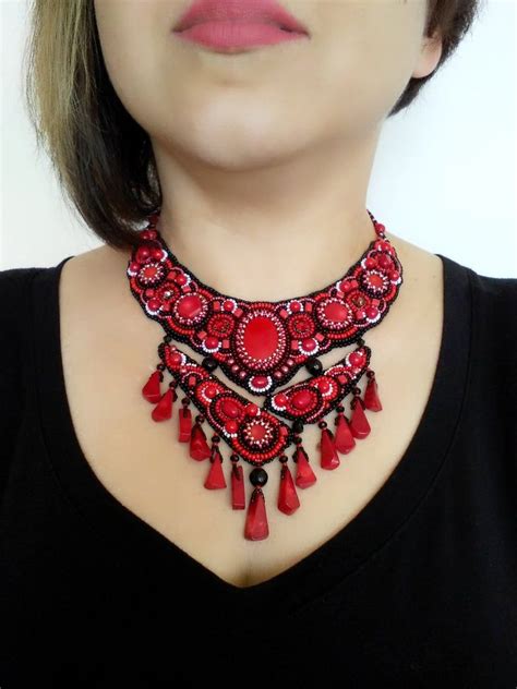 Red Chunky Necklaces For Women Bead Embroidered Necklace Coral Etsy