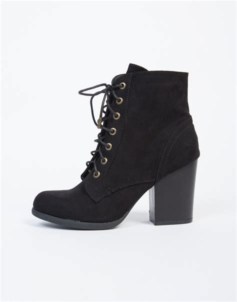 Lace Up Wooden Heel Ankle Boots Brown Leather Boots Black Suede