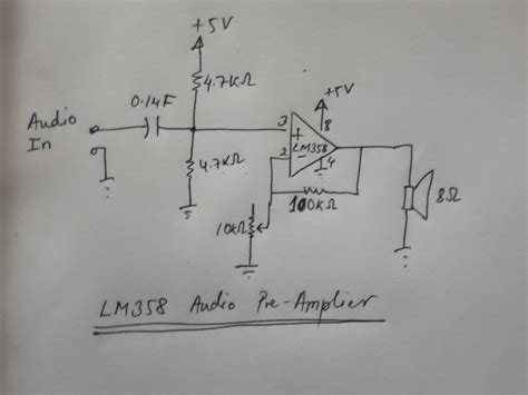 Lm358 Audio Amplifier In Non Inverting With Split Resistor Biasing