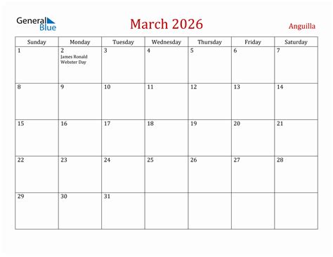 March 2026 Anguilla Monthly Calendar With Holidays