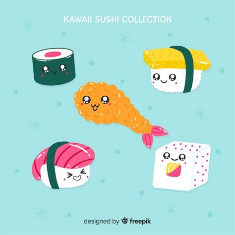 Mão Desenhada Coleção De Sushi Kawaii Vetor Grátis