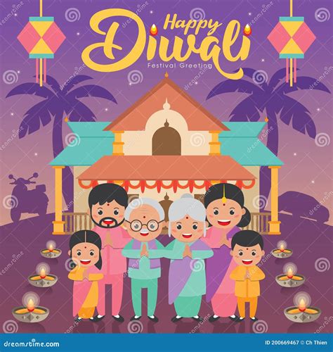 Diwali Deepavali Festival Of Lights Greeting Card With Cute Cartoon